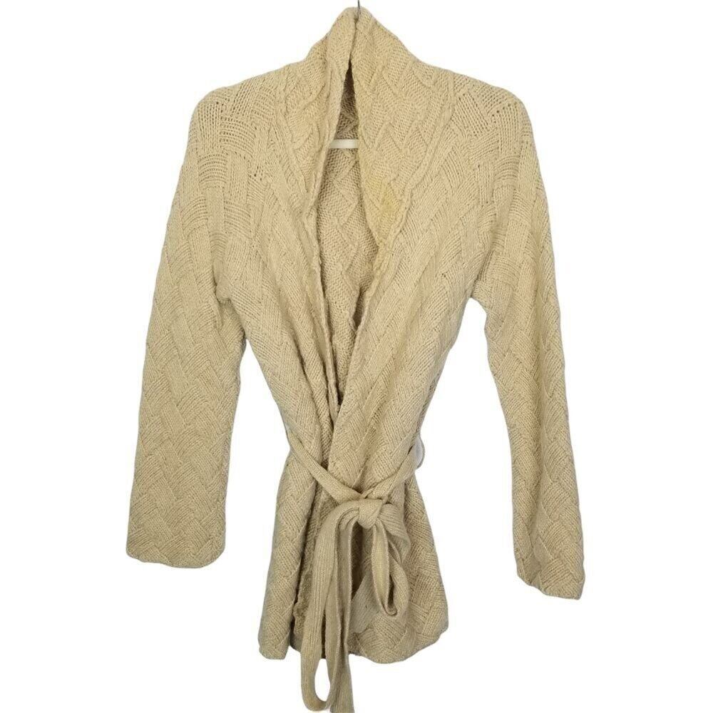 I'vory Women Lambswool Angora Cardigan Sweater Sz S Hand Knit Cable Knit Coastal